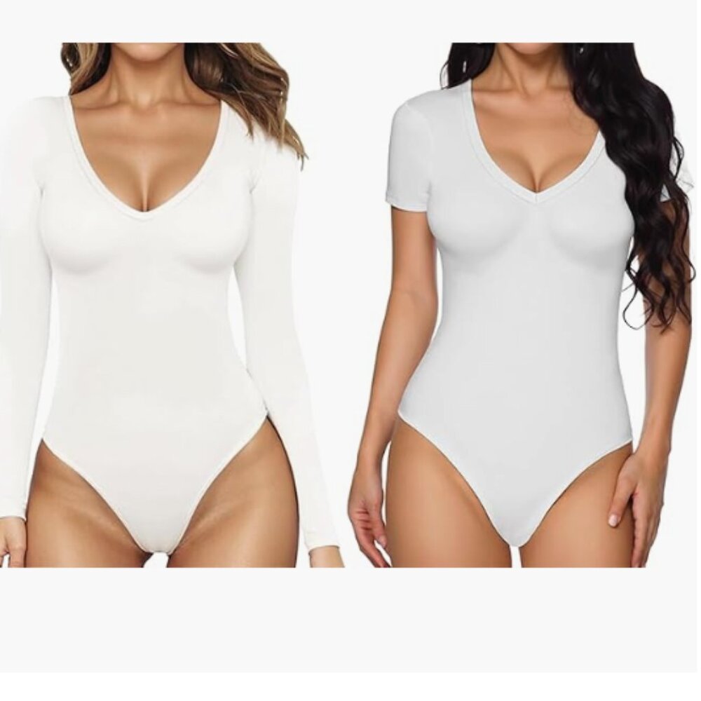 New- MANGOPOP Women’s Deep V-Neck Bodysuit – White (Long Sleeve)